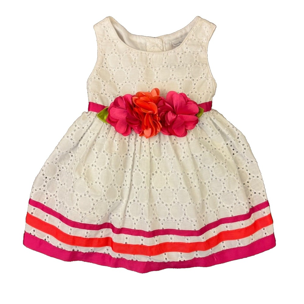 Sweet Heart Rose Girls Dress 18 Months White Eyelet Pink Flowers Summer Colorful